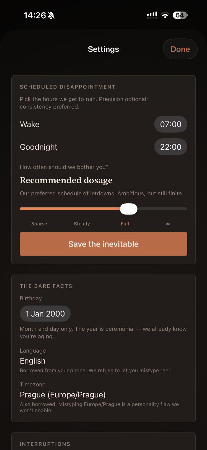 Daily Letdown settings screen